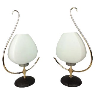 Brass & Opaline Lamps from Arlus, 1960s, Set of 2 For Sale