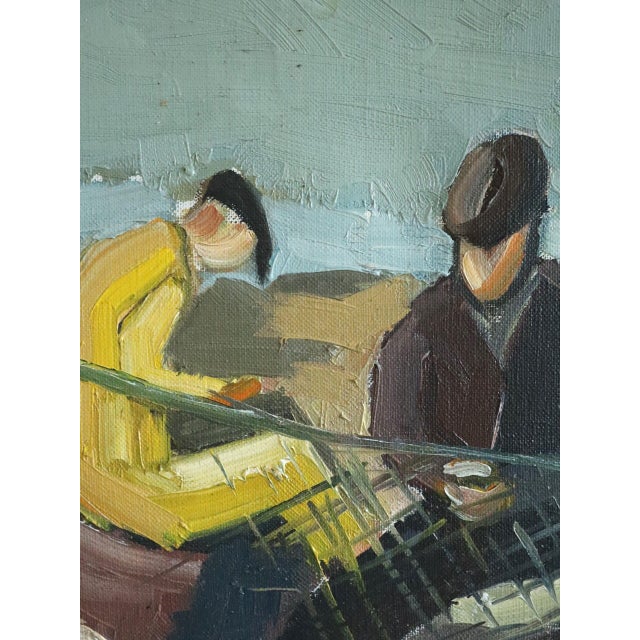 Sky Blue Mid-Century Modern 'The Net Menders' Vintage Original Figurative Coastal Landscape Oil Painting, Framed For Sale - Image 8 of 11