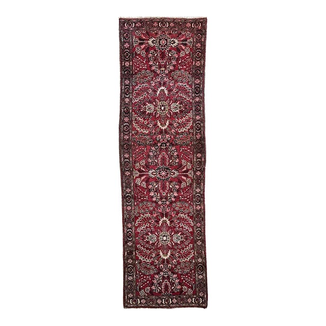 Botanical Vintage Persian Sarouk Runner Scarlet, Grey Rug 2.10 x 9.10 For Sale