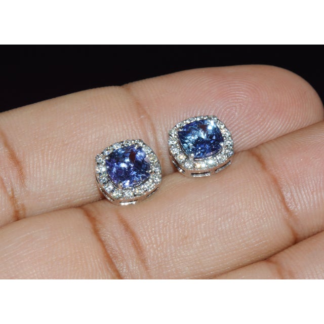Certified Natural 2.35cts vs F Diamond Tanzanite Halo Stud Earrings, A Pair For Sale In Dallas - Image 6 of 11