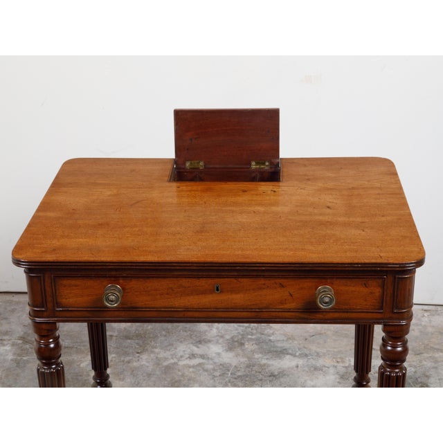 English 19th Century Mahogany Table with Compartment, Drawer and Reeded Legs For Sale - Image 11 of 12