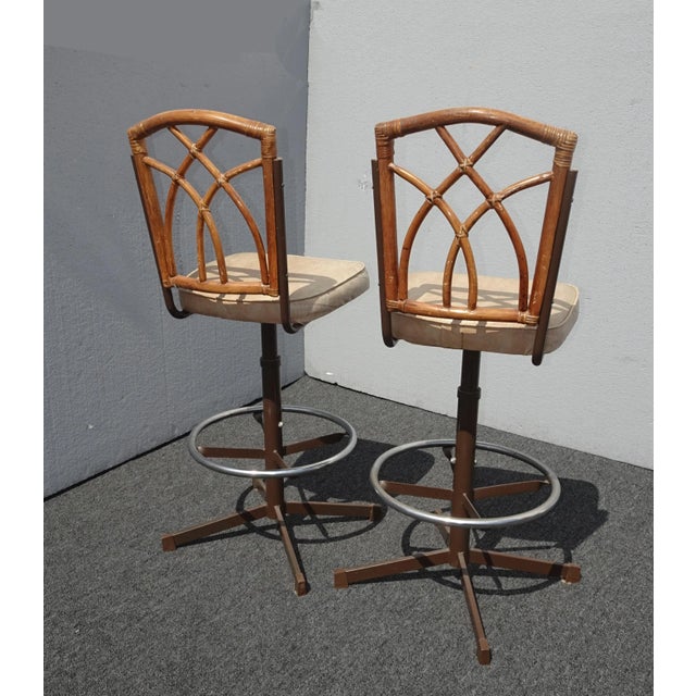 Vintage Mid Century Modern Bamboo & Metal Swivel Barstools Bar Stools - a Pair For Sale - Image 10 of 12