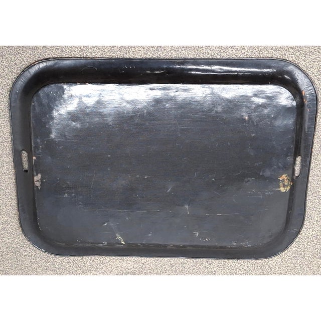 Black Hand Painted Decorated French Toleware Cafe Serving Tray Centerpiece Decor For Sale - Image 8 of 8