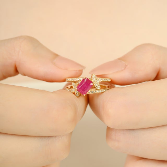 Art Nouveau 14k Gold Statement Ruby Floral Diamond Clutser Ring Size 5 For Sale - Image 3 of 14