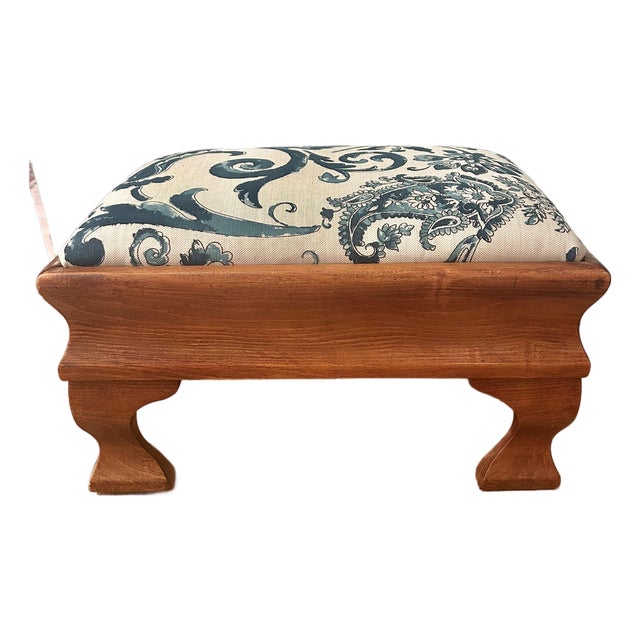 Vintage Empire Style Maple Footstool With Blue and White Linen Upholstery For Sale