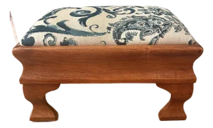 Vintage Empire Style Maple Footstool With Blue and White Linen Upholstery