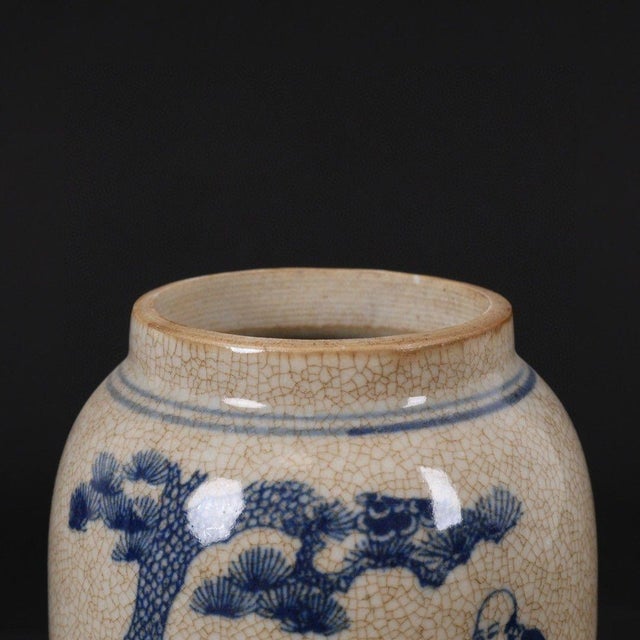 Ceramic Chinoiserie Crackle Glaze Blue White Guigu Descending Mountain Figural Ginger Jar For Sale - Image 7 of 9