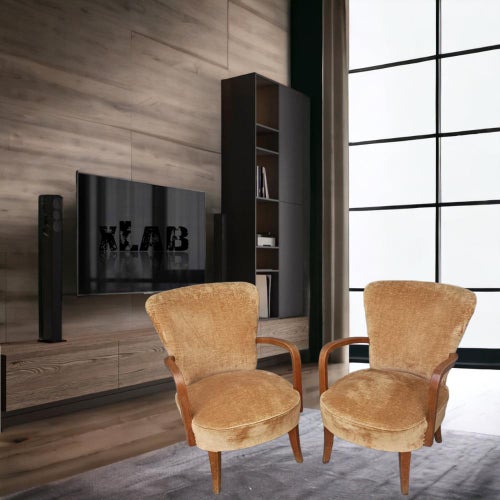 Italian Beige Velvet Bedroom Armchairs, 1950s, Set of