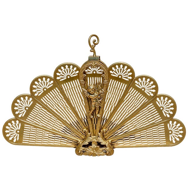 Brass Fireplace Screen Peacock Fan With Cherub Detail – Large, Polished Vintage For Sale - Image 11 of 11