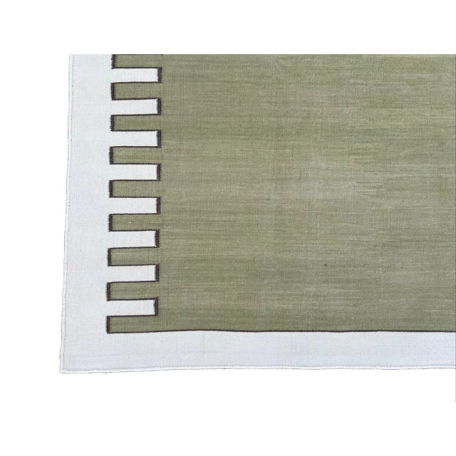 Handmade Cotton Area Rug Vegetable Dyed Olive Green and White Zig Zag Striped Rug-6'x9' For Sale - Image 10 of 11