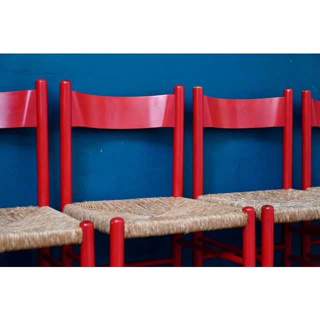 Vintage Italian Chairs in Red Lacquered Wood and Woven Straw, 1960s, Set of 4 For Sale - Image 3 of 18
