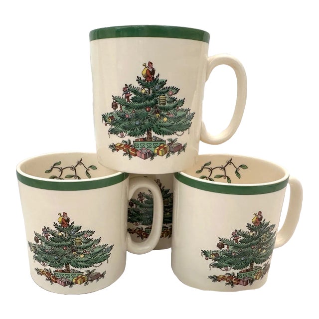 Vintage Set of 4 Spode England "Christmas Tree" Coffee Mugs For Sale