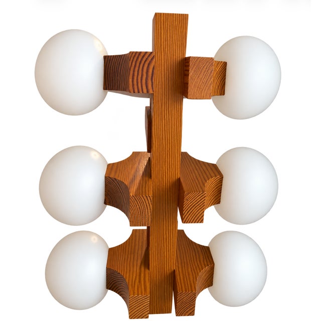 Mid-Century Modern Vintage Scandinavian Pine Chandelier With Frosted Globes For Sale - Image 3 of 6