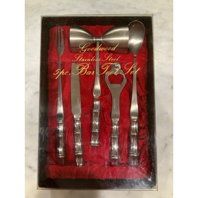 Vintage Barware - MCM 5-Pc Silver Stainless Steel Bamboo Bar Tool Set by Goodwood in Original Box - Palm Beach Regency - British Colonial For Sale In New Orleans - Image 6 of 9