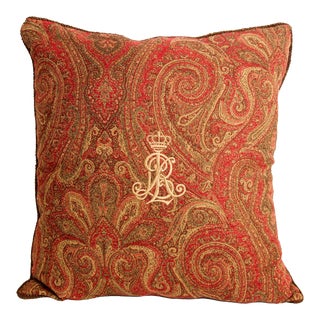Ralph Lauren Pillow in Red and Gold Paisley Rl Crown Logo For Sale