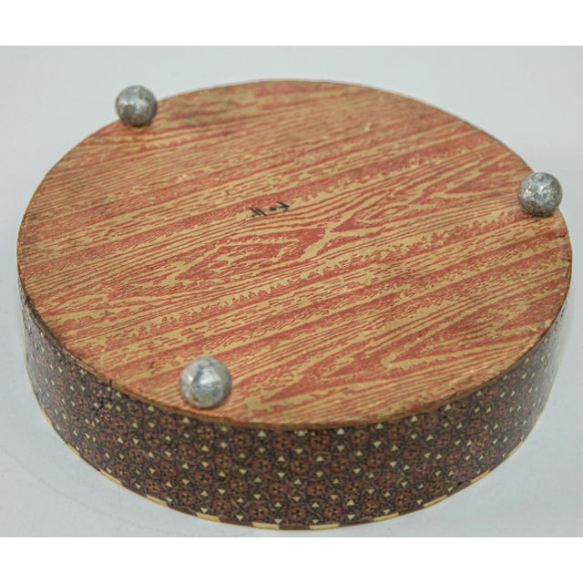 Persian Box Khatam Kari Footed Wooden Round Jewelry Vanity Trinket Moorish Box For Sale In Palm Springs - Image 6 of 9