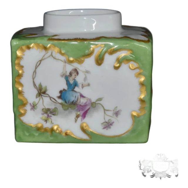 Antique T&v Limoges France Porcelain Tea Caddy Apple Green Rococo Gilt Box For Sale