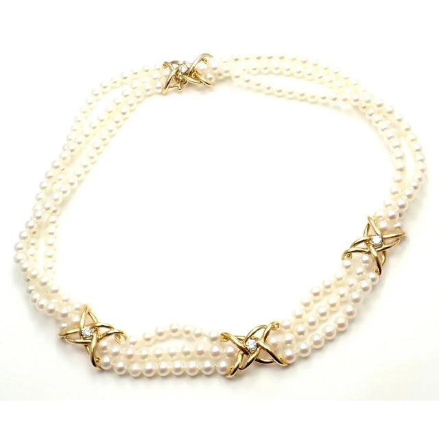 Tiffany and Co. Tiffany & Co. 18k Yellow Gold Diamond 3 Strand Pearl Necklace For Sale - Image 4 of 10