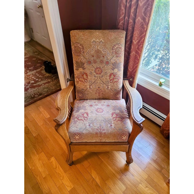 1950 Reclining Morris Chair With Re-Upholstered Fabric and a Wrought Iron Moveable Back For Sale In New York - Image 6 of 8