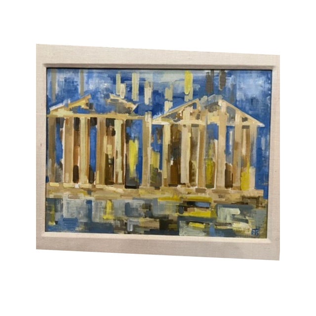 Original Watercolor Painting in Vibrant shades of Blue, Yellow, Cream and Brown featuring an Abstract Acropolis in Athens....