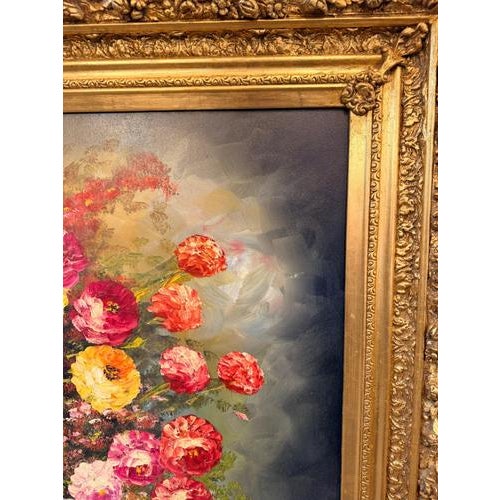 This impressive statement piece is a large oil painting on canvas depicting a vibrant floral arrangement set in a basket...