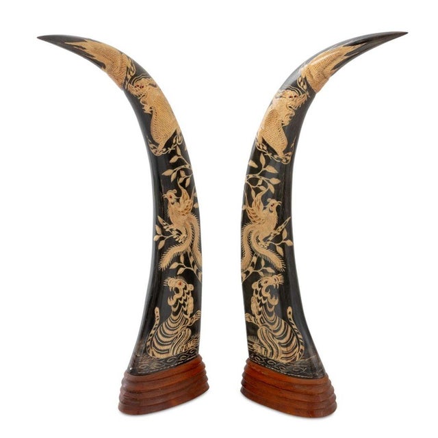 Asian Thai Carved Buffalo Horn Sculptures, Pair For Sale - Image 3 of 5