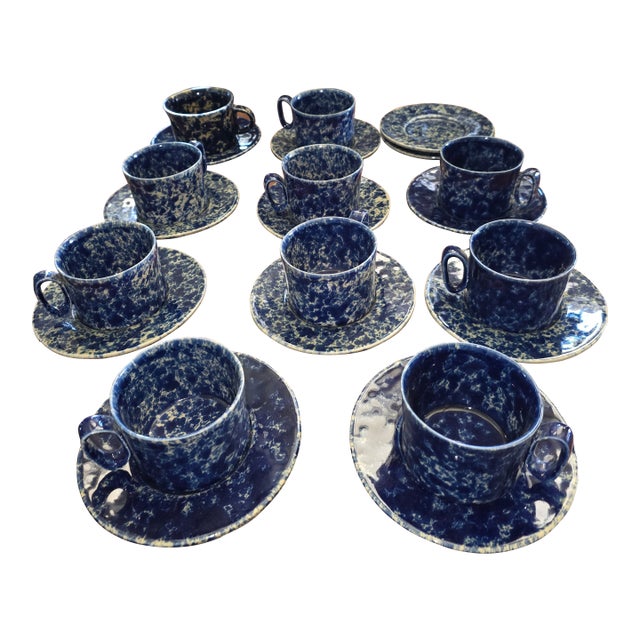 Vintage Collection of Bennington Blue Agate Cups and Saucers For Sale