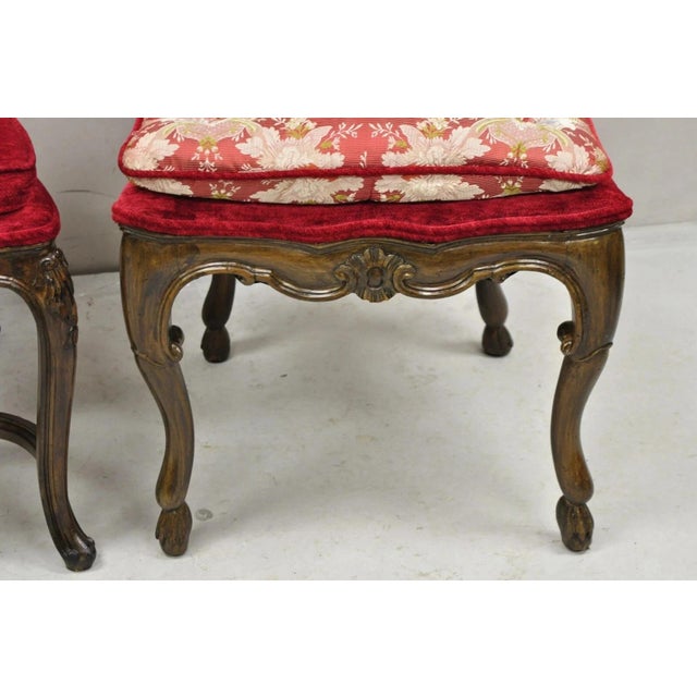 Wood Vintage Italian Regency Style Carved Walnut Red Fabric Dining Chairs - Set of 6 For Sale - Image 7 of 12