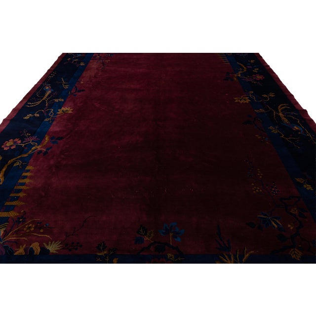 Antique Chinese Art Deco Rug in Deep Burgundy Plum With Floral & Bird Border For Sale - Image 9 of 12