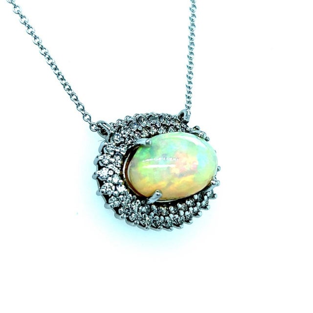 Metal Natural Opal Diamond Pendant Necklace 14k Gold 5.81 TCW Certified For Sale - Image 7 of 7
