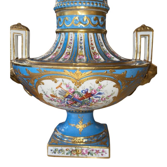 Pair of Sèvres Style Celestial Blue Porcelain Urns. Early 20th Century, France. For Sale - Image 10 of 12