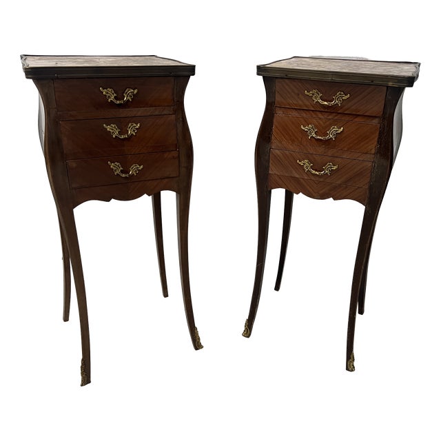 Small Louis XV Style Marquetry Commodes with Marble Tops, 1900s, Set of 2 For Sale