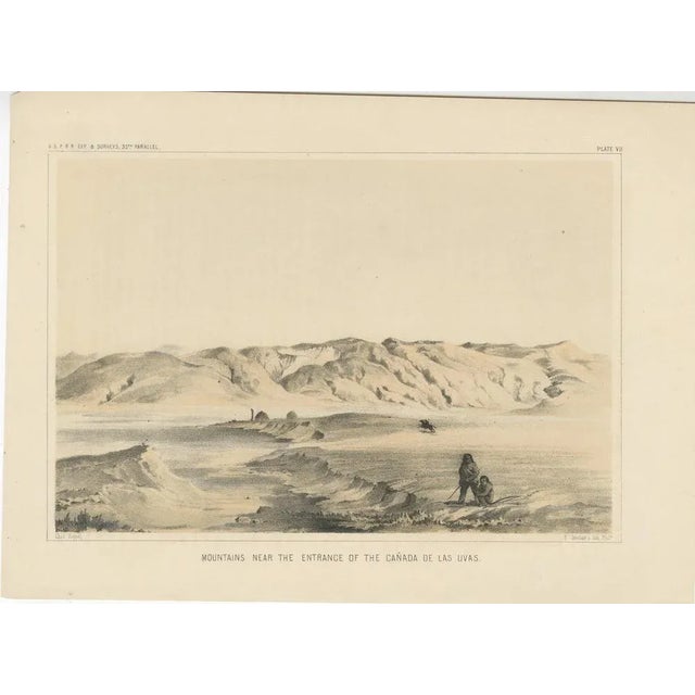Title: Scenic Tinted Lithograph of Mountains Near the Canada de las Uvas – Railroad Exploration Art : This striking tinted...