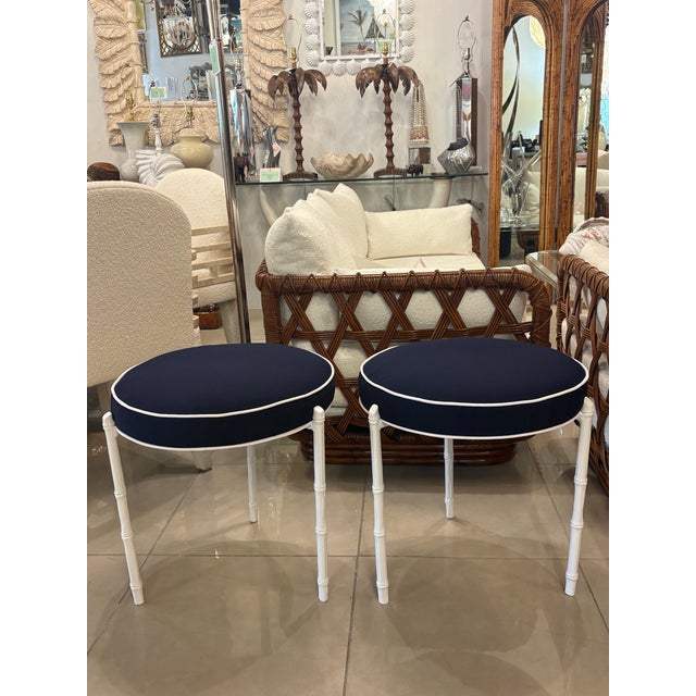 Pair Vintage Restored Faux Bamboo Metal Stools Benches Sunbrella Patio Outdoor For Sale In West Palm - Image 6 of 12