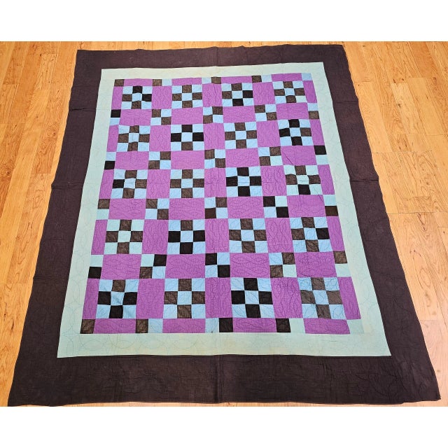 Mid 20th Century Vintage American Amish “Nine Patch” Hand-Stitched Patchwork Quilt, 67" X 80" For Sale - Image 5 of 12