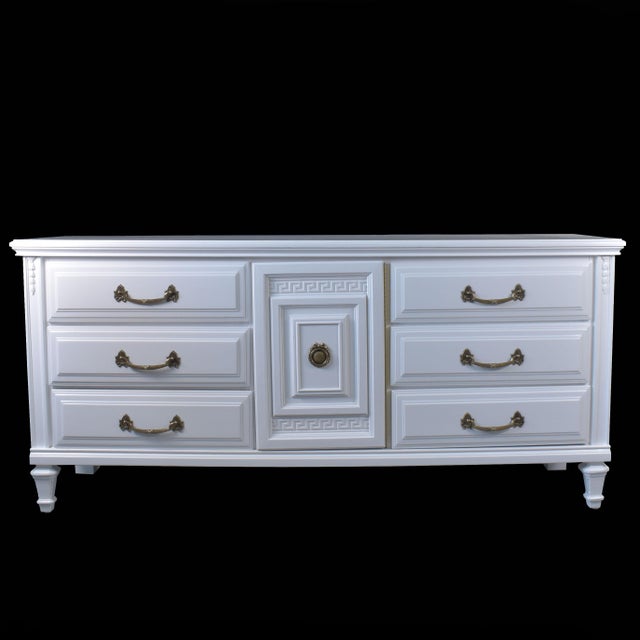 Faux Bamboo Greek Key Dresserin nice as found vintage condition. There are minor imperfections to the NEWLY lacquered...