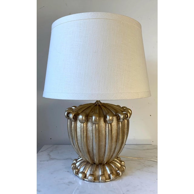 There is a beautiful craquelure white gold finish on this ornate Rococo-esque Neo-Classical lamp by Bryan Cox A statement...