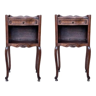 20th Pair of Dark Walnut Nightstands Tables With Drawer and Open Shelf For Sale