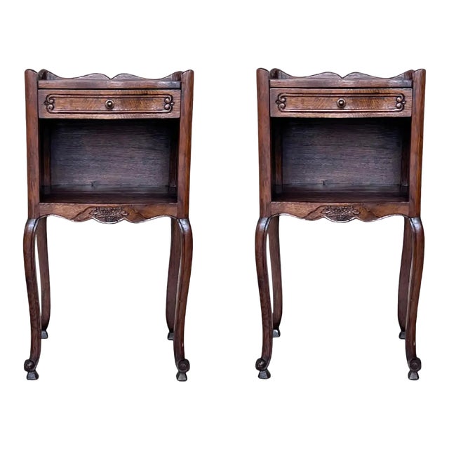 20th Pair of Dark Walnut Nightstands Tables With Drawer and Open Shelf For Sale