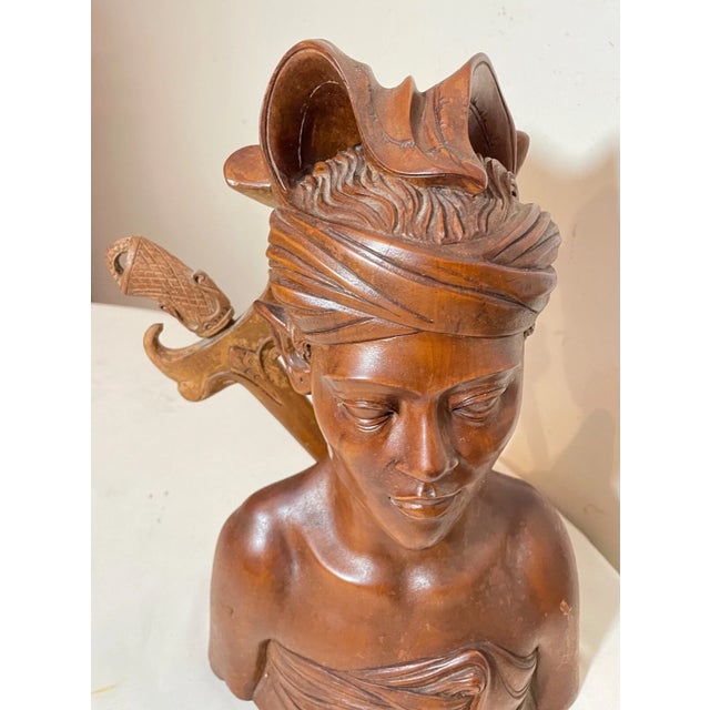 1940s Carved Wood Balinese Indonesian Man Sword Bust Sculpture Letter Opener For Sale - Image 4 of 13