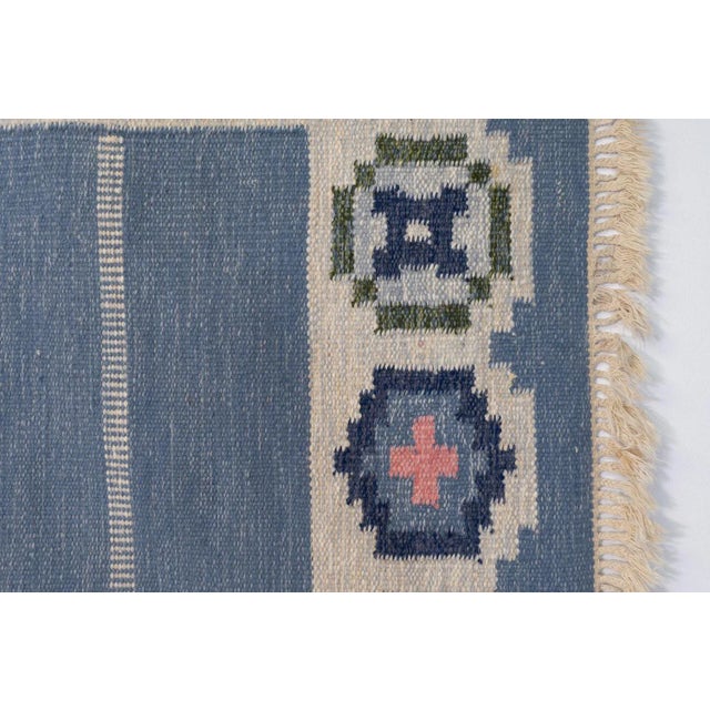 Mid-Century Modern Mid-Century Swedish Kilim in Blue and Cream, 1960 For Sale - Image 3 of 6