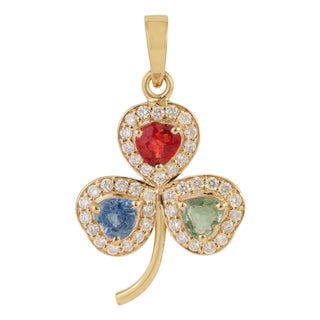 Clover-Inspired 14k Yellow Gold Multi-Sapphire & Diamond Pendant, 1.01ct For Sale
