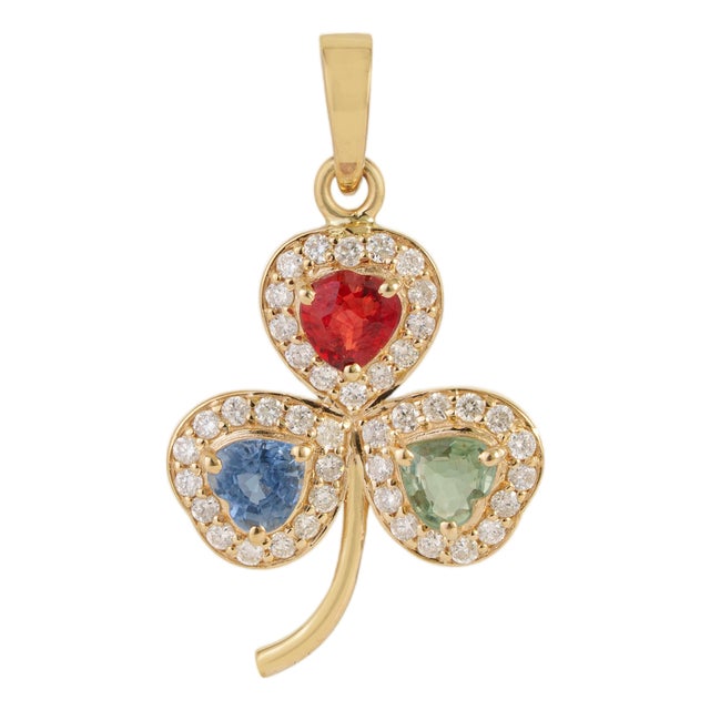 Clover-Inspired 14k Yellow Gold Multi-Sapphire & Diamond Pendant, 1.01ct For Sale