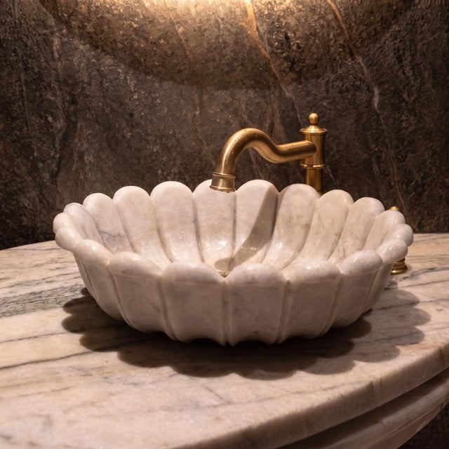 White Handmade Blossom White Marble Flower Vessel Sink | Luxury Natural Stone Vanity Bathroom Basin For Sale - Image 8 of 9