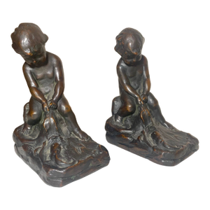 Pair of 2 Antique Patinated Bronze Clad Nude Cherub Boy With Leaf Bookends Set