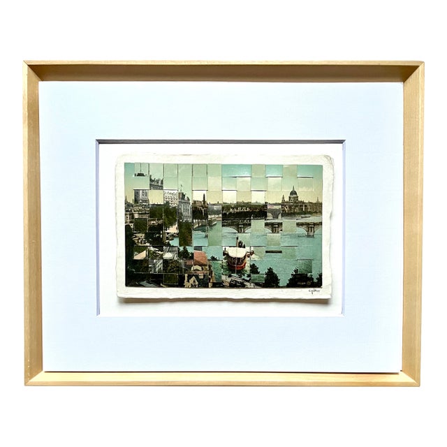 Victoria Embankment, Thames River, London - Hand Cut & Woven Vintage Photo Postcards, Framed For Sale