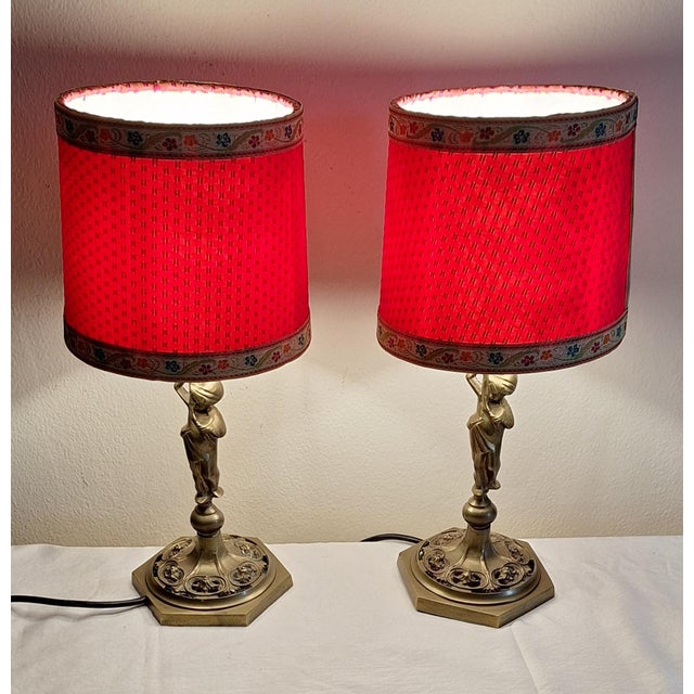 Vintage Table Lamps with Figurative Brass Base and Handmade Fabric Shade, 1960s, Set of 2 For Sale - Image 3 of 12