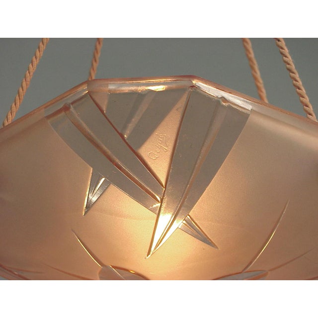 Art Deco 1930s Art Deco Peach Glass French Lighting Bowl Chandelier With Original Pink Cordelier For Sale - Image 3 of 6