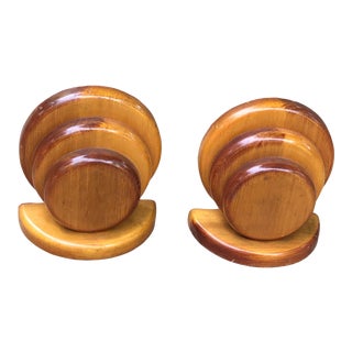 Mid-Century Wood Round Disc Bookends- a Pair For Sale