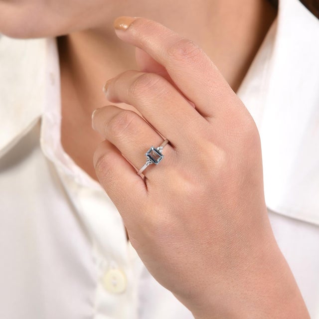 Natural Aquamarine Birthstone Diamond Wedding Ring for Her in 14K Gold featuring natural aquamarine of 0.92 carats and...